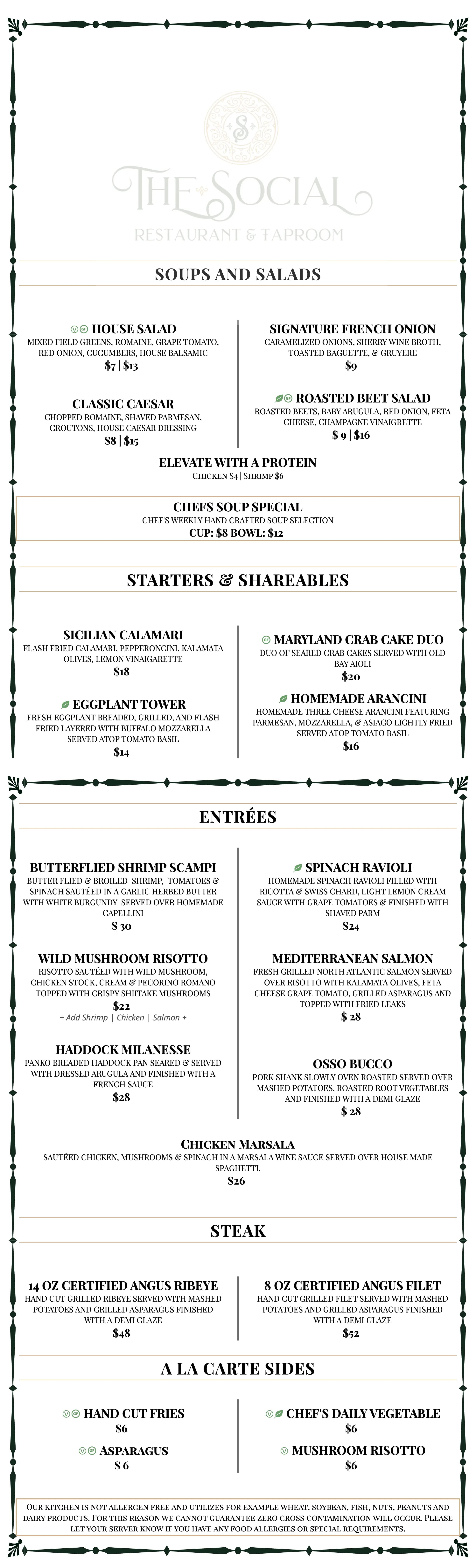 The Social Restaurant dinner menu